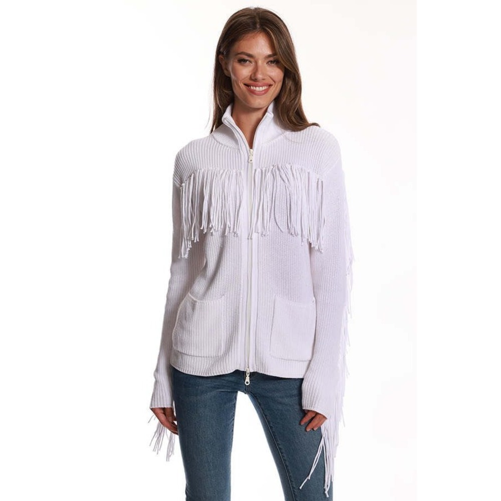 Minnie Rose White Cotton Shaker Mock Neck Zip Up Fringe‎ Jacket 8912 New